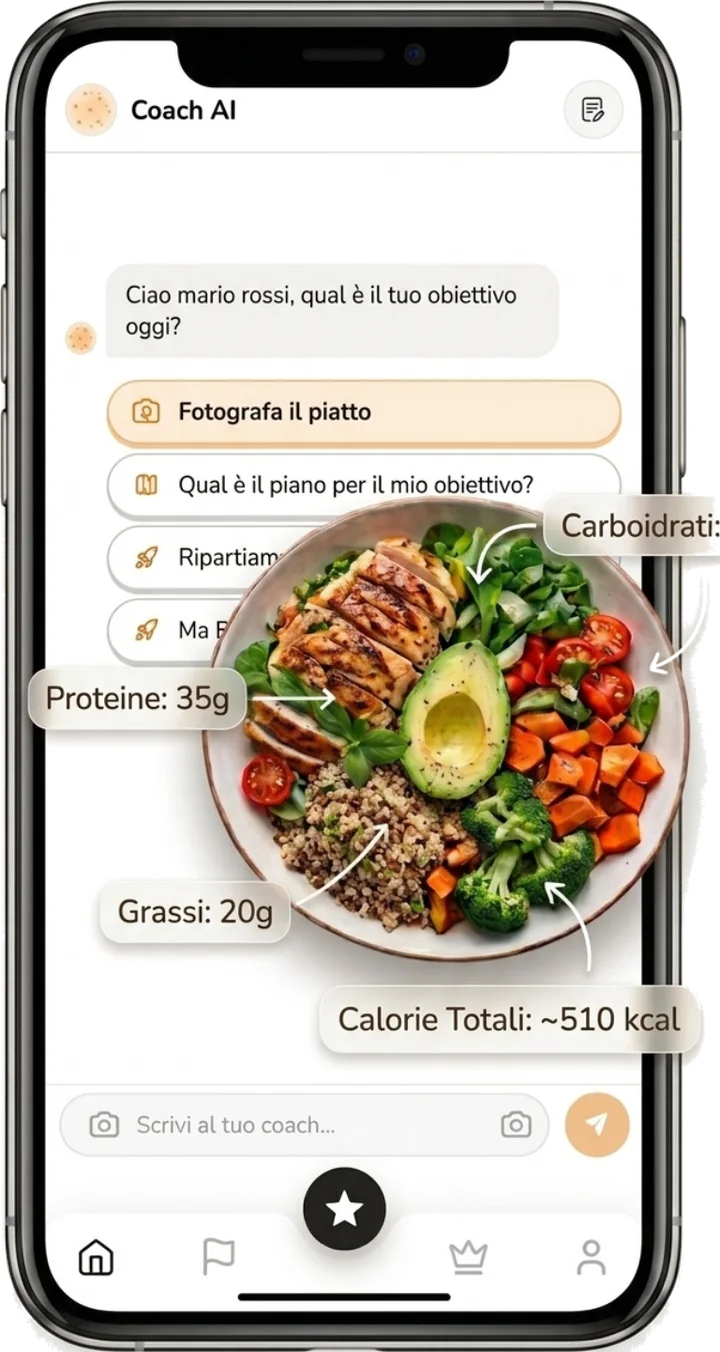 Il Coach AI riconosce un piatto da una foto e segna proteine, carboidrati, grassi e calorie